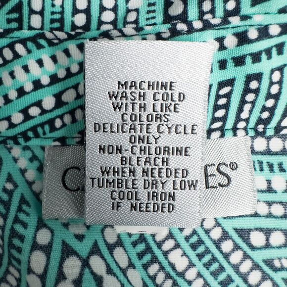 Catherines Button Front Top 3/4 Roll Tab Sleeve Womens 3X Aqua Green Geo Print - Picture 16 of 16
